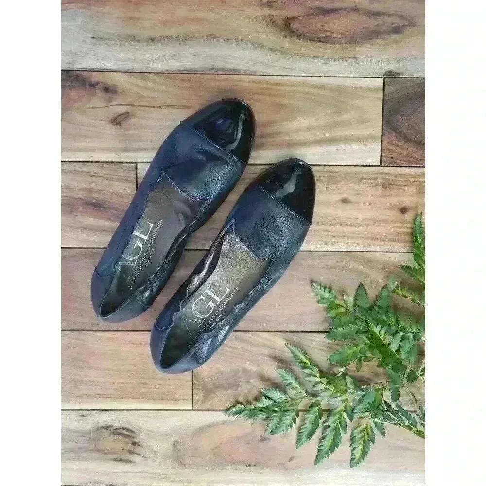 AGL Italy Attilio Giusti Leombruni Black Cap Toe Ballet Flat Leather 37‎ 1/2